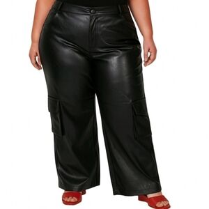 Deadstock Forever 21 Cargo Leather Pants 1X Black High Waisted Wide Leg